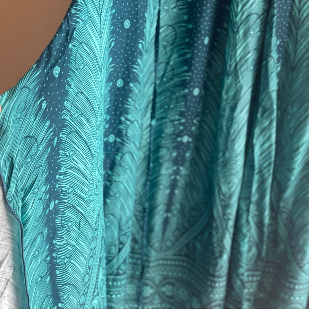 Mexicali Blues Women L/XL Teal Boho Wide Leg Pants Feathers Thailand New NWT - Picture 7 of 8